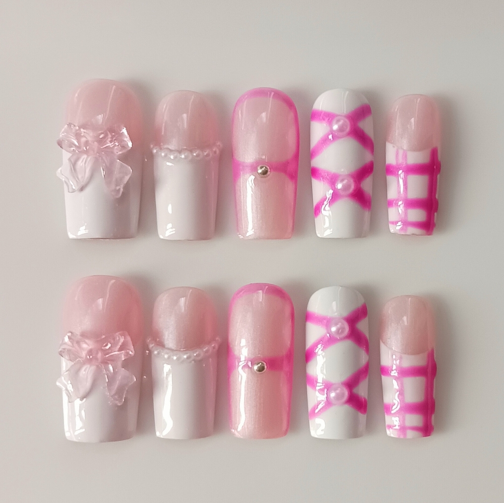 Elegant Pink and White Press-On Nails